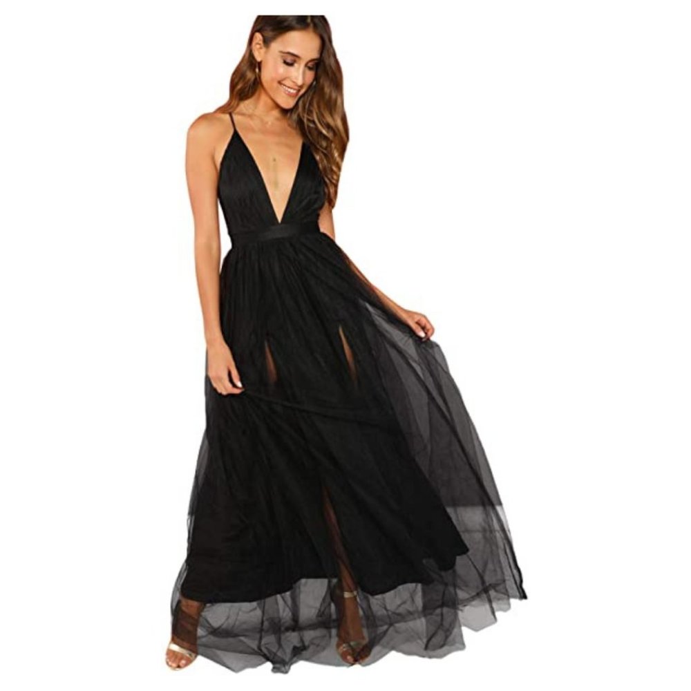 🖤 Black Maxi Tulle Spaghetti Strap V-Neck Dress